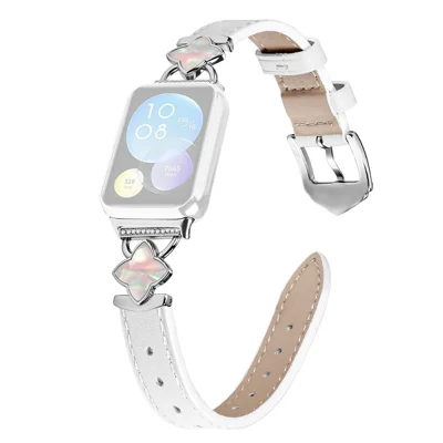Uhrenarmband für Xiaomi Smart Band 10 Pro / Band 9 Pro / Band 8 Pro / Watch 6 / Watch 5 / Watch 4, echtes Rindsleder, spitz zulaufendes Armband mit silbernem Rhombus-Dekor – Weiß