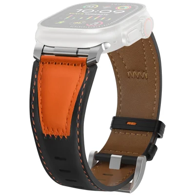 AHASTYLE BO-WE35 Watch Band for Apple Watch Ultra 4 3 2 1 49mm/Series 12 11 10 46mm/9 8 7 45mm/SE3 SE2 SE 6 5 4 44mm/3 2 1 42mm , Genuine Cow Leather Wrist Strap - Black + Orange