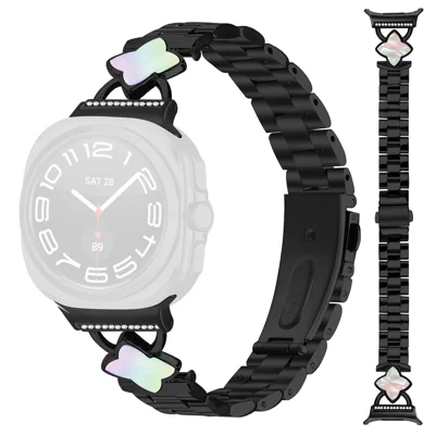 Band för Samsung Galaxy Watch Ultra2 47 mm / Watch Ultra (2025) 47 mm / Watch Ultra 47 mm, band av rostfritt stål med tre pärlor, rombformad sköld, reservdel i metalliskt urband - Svart / Iriserande sköld
