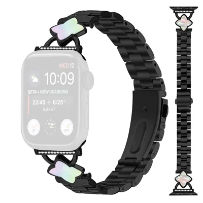 Strap for Apple Watch Ultra 4 3 2 1 49mm / Series 12 11 10 46mm / 9 8 7 45mm / SE3 SE2 SE 6 5 4 44mm / 3 2 1 42mm Stainless Steel 3-Bead Rhombus Shell Replacement Metal Watch Band - Black / Iridescent Shell