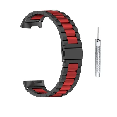 For Fitbit Charge 6 / 5 Stainless Steel Smart Watch Band Wrist Strap with Tool Replacement - Black / Red / Black