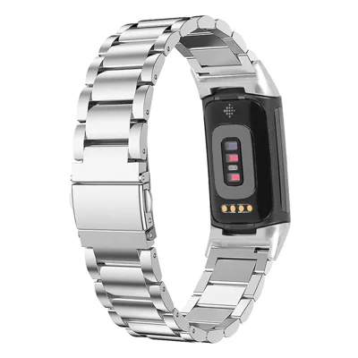 Edelstahl-Metallarmband mit 3 Perlen, Ersatz-Armband für Fitbit Charge 6 / 5 – Silber