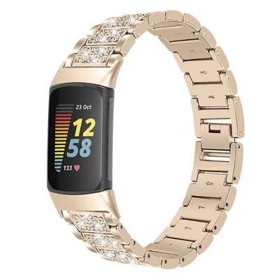 Bling Strass-Metallarmband für Frauen, Ersatzband für Fitbit Charge 6 / 5 – Retro Gold
