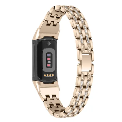 Bande de montre métallique à strass mode femme, 2 rangées, pour Fitbit Charge 6 / 5 - Or rétro