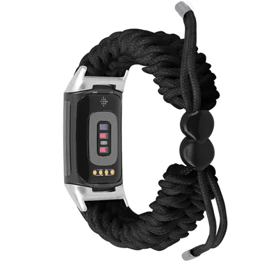 Dehnbare Nylon-geflechtete Armbanduhr-Schiebeperlen-Ersatzarmband für Fitbit Charge 6 / 5 – Schwarz