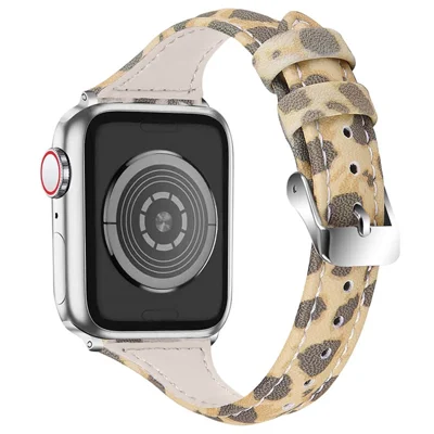 Leopard Pattern Pointed Tail Watchband Top Layer Cowhide Genuine Leather Wrist Strap for Apple Watch Series 8 41mm / Series 7 41mm / Series 6 / 5 / 4 / SE / SE(2022) 40mm / Watch Series 1 / 2 / 3 38mm - Army Green Leopard