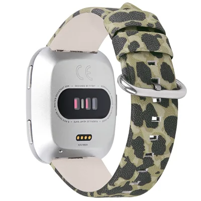 Leopard Texture Genuine Cowhide Leather Watch Band Strap Replacement for Fitbit Versa/Versa 2/Versa Lite/Versa SE - Army Green