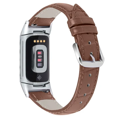 Echtes Leder Krokodil-Textur Smartwatch-Armband Verstellbares Armband für Fitbit Charge 6 / 5 - Braun