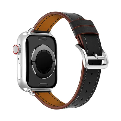 Breathable Genuine Leather Watchband Replacement for Apple Watch Series 9 /  8 / 7 41mm / 6 / SE (2023) / SE (2022) / SE  / 5 / 4 40mm / 3 / 2 / 1 38mm - Black