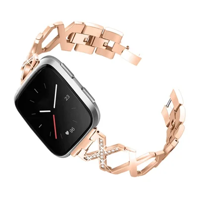 Women Stainless Steel Wrist Strap Watchband Hollow X Design with Shiny Rhinestone Decor for Fitbit Versa/Versa 2/Versa Lite/Versa SE - Rose Gold