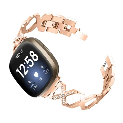 Bling Rhinestone X Design Women Stainless Steel Smart Watch Band for Fitbit Versa 3/Fitbit Sense - Rose Gold