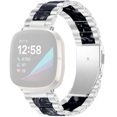 Fashion Resin + Stainless Steel Bracelet Smart Watch Wrist Band for Fitbit Versa 3/Fitbit Sense - Silver/Black Flower