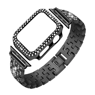 iWatch Rhinestone Decor Stainless Steel 5 Beads Watch Strap + PC Watch Case Protective Cover for Apple Watch Series 7 41mm - Black