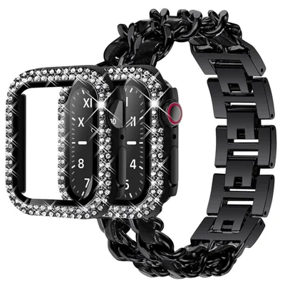 Ремешок для часов из искусственной кожи PU и нержавеющей стали с двойным рядом страз для защитного чехла для часов Apple Watch Series 1/2/3 42мм - Черный/Черная кожа