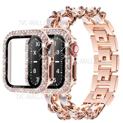 PU Leather and Stainless Steel Watch Strap + Double Row Rhinestone Drop-proof Protective Case for Apple Watch SE/Series 4/5/6 40mm - Rose Gold/White Leather