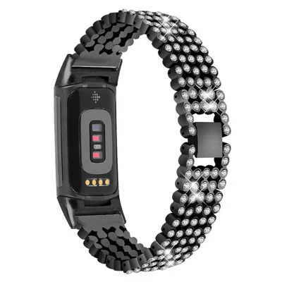 Stainless Steel Rhinestone Decor Replacement Smart Watch Strap Wrist Band for Fitbit Charge 6 / 5 - Black