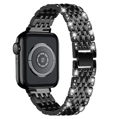 2 Rows Rhinestones Decor Replacement Metal Watchband Wrist Strap for Apple Watch Series 9 / 8 / 7 41mm / 6 / 5 / 4 / SE (2023) / SE(2022) / SE 40mm / 3 / 2 / 1 38mm - Black