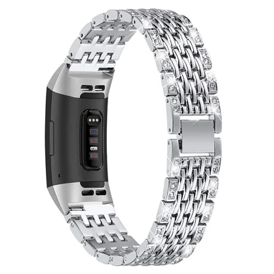 2 Rangs de Strass Décoration Remplacement Bracelet Montre Anti-transpiration en Métal pour Fitbit Charge 3/Charge 3 SE/Charge 4- Argent