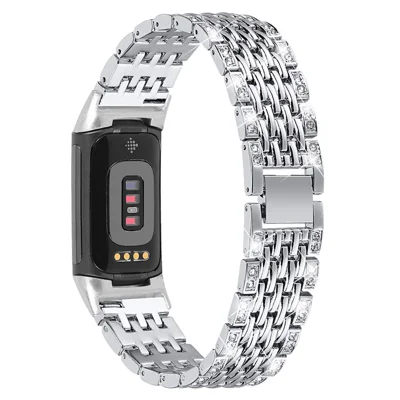 Stylvolles zweireihiges Metallarmband mit Strassverzierung, Ersatzarmband für Fitbit Charge 6 / 5 – Silber