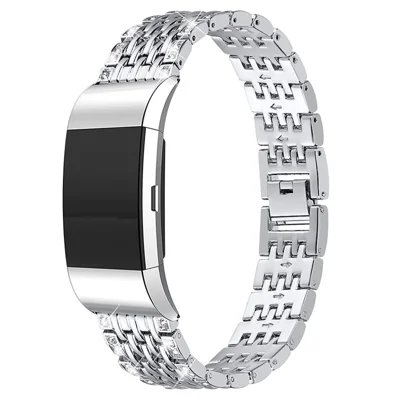 2 rangées de strass de mode Décor Remplacement Bracelet en métal pour Fitbit Charge 2/Charge 2 HR - Argent