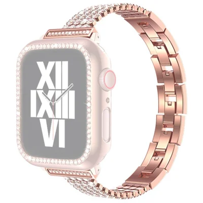 Für Apple Watch Series 11 10 42 mm / 9 8 7 41 mm / SE3 SE2 SE 6 5 4 40 mm / 3 2 1 38 mm, vierreihiges Strass-Verzierung-Edelstahl-Armband, Armband - Roségold