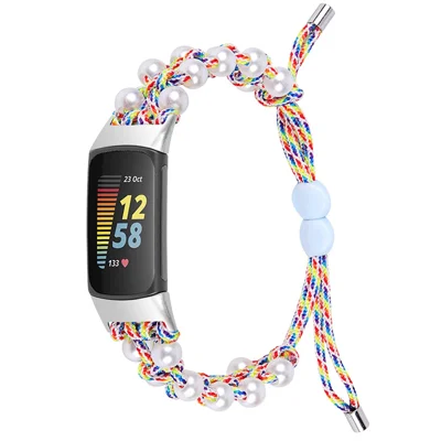 Einfach verstellbares, stylisches Uhrenarmband für Fitbit Charge 6 / 5, Perle + Nylon-Gewebe, Ersatz-Armband - Mehrfarbig