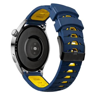 Für Huawei Watch GT Runner/Garmin Venu 2/Vivoactive 4 Trapezförmige Dreifachreihen-Löcher Uhrenarmband Zweifarbiges Silikonarmband - Mitternachtsblau/Gelb
