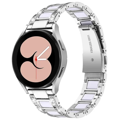 For Samsung Galaxy Watch4 Active 40mm/44mm/Watch4 Classic 42mm/46mm Stylish Rhinestone Decor Stainless Steel Resin Watch Band Wrist Strap - Silver/White