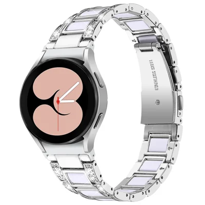 For Samsung Galaxy Watch4 Active 40mm/44mm/Watch4 Classic 42mm/46mm Shiny Rhinestone Watch Strap Stainless Steel Resin Wrist Band Replacement - Silver/White
