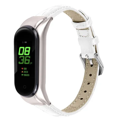 For Xiaomi Mi Band 7 Buckle Design Top Layer Cowhide Leather Bamboo Grain Adjustable Watch Band with Silver Protective Cover - White