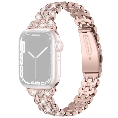 Watch Strap for Apple Watch Series 12 11 10 42mm / 9 8 7 41mm / SE3 SE2 SE 6 5 4 40mm / 3 2 1 38mm Stainless Steel Rhinestone Bracelet Band - Rose Pink