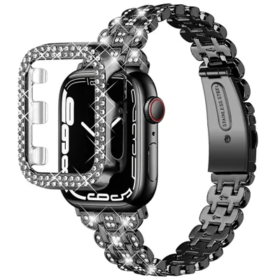For Apple Watch Series 7 41mm Hard PC Watch Case + Rhinestone Decor Watch Band Stainless Steel Wrist Strap - Black