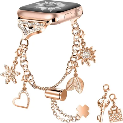 For Apple Watch Series 12 11 10 42mm / 9 8 7 41mm / SE3 SE2 SE 6 5 4 40mm / 3 2 1 38mm Stylish Pendant Design Bracelet Watch Band Wrist Strap - Rose Gold