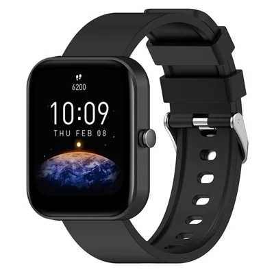 For Huami Amazfit Bip 3 / Bip S Soft Silicone Wrist Band Smart Watch Replacement Strap with Silver Buckle - Black