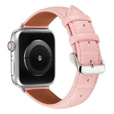 Für Apple Watch Series 11 10 42 mm / 9 8 7 41 mm / SE3 SE2 SE 6 5 4 40 mm / 3 2 1 38 mm, quadratisches geprägtes Muster, echtes Leder, Austausch-Armband - Rosa