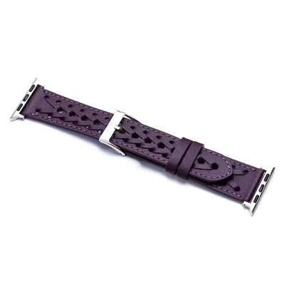 For Apple Watch Series 12 11 10 42mm / 9 8 7 41mm / SE3 SE2 SE 6 5 4 40mm / 3 2 1 38mm V-Shaped Woven Watch Strap Genuine Leather Wrist Band - Purple