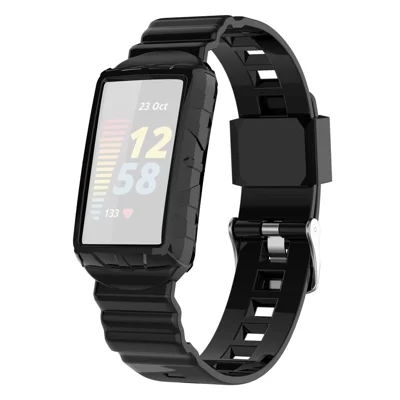 Silikon-Uhrenarmband für Fitbit Charge 6 / 5, verstellbares Armband mit kratzgeschütztem Uhrengehäuse – Schwarz