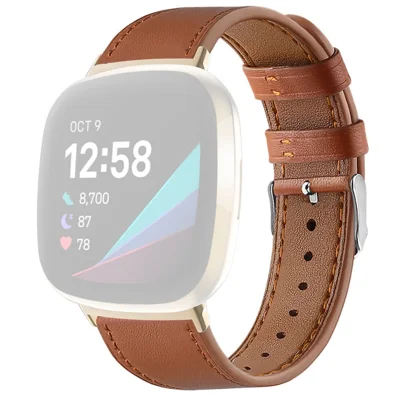 Para Fitbit Versa 4 / Sense 2 Round Tail Genuine Leather Wrist Band Adjustable Watch Strap - Marrom