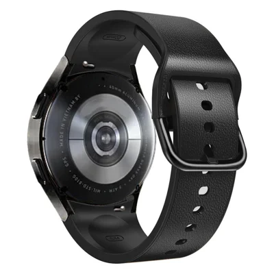 Für Samsung Galaxy Watch6 40 mm 44 mm / Watch6 Classic 43 mm 47 mm / Watch 5 40 mm 44 mm / 5 Pro 45 mm / Watch4 40 mm 44 mm Schnellwechsel-Armband aus weichem Leder mit Silikonbeschichtung Verstellbares Armband – Schwarz