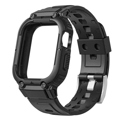 For Apple Watch Series 9 8 7 41mm / 6 5 4 SE SE (2022) SE (2023) 40mm / 3 2 1 38mm Silicone Watch Band Wrist Strap + Anti-Drop Watch Case - Black