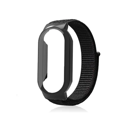 Für Xiaomi Mi Band 7 / 7 NFC Nylon Loop Armband 3 in 1 Armband mit PC Schutzhülle und Gehärtetem Glas Displayschutz - Schwarz / Schwarz