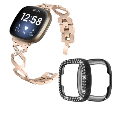 Para Fitbit Versa 3 / Sense Strap Strap Strap Strap + Twote de Aço Anterior Smartwatch Strap + Two Row Rhinestones Black Protective Case - Ouro
