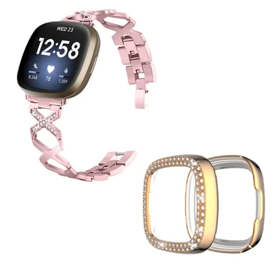 For Fitbit Versa 3 / Sense Stylish X-Shape Design Stainless Steel Smartwatch Strap + Two Row Rhinestones Rose Gold Protective Case - Rose Pink