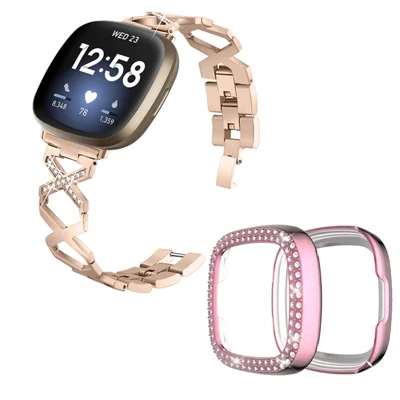 Para Fitbit Versa 3 / Sense x Shape Design Smartwatch Pulseira de Aço Inoxidável de Aço Smartwatch + Two Row Rhinestones Rose Pink Watch Case - Ouro
