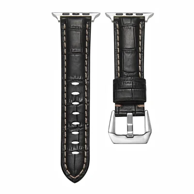 Watch Strap for Apple Watch Series 12 11 10 42mm / 9 8 7 41mm / SE3 SE2 SE 6 5 4 40mm / 3 2 1 38mm Genuine Leather Watch Band Silver Buckle Bracelet - Crocodile Texture / Black