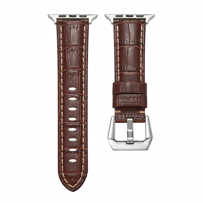 For Apple Watch Ultra 4 3 2 1 49mm / Series 12 11 10 46mm / 9 8 7 45mm / SE3 SE2 SE 6 5 4 44mm / 3 2 1 42mm Watch Band Genuine Leather Silver Buckle Strap - Crocodile Texture / Brown