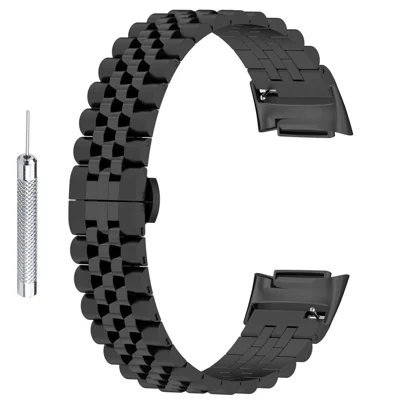 For Fitbit Charge 6 / 5 Stainless Steel Metal Watch Band 5 Beads Butterfly Buckle Clasp Bracelet Strap with Tool - Black