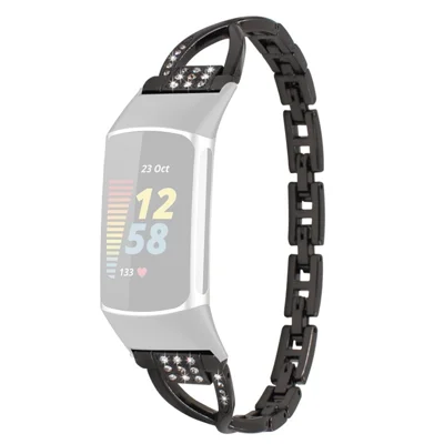 Metallarmband mit Strass-Verzierung und Kreuz-Design für Fitbit Charge 6 / 5, Ersatz-Armband, Handgelenkband – Schwarz