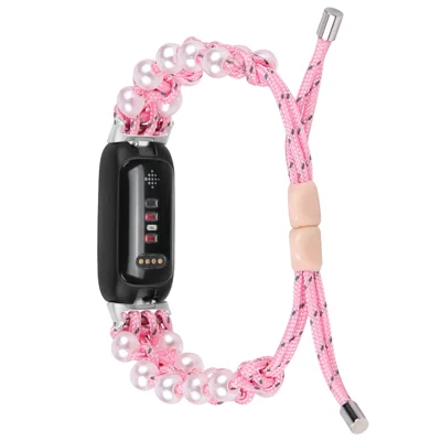 For Fitbit Inspire 3 Pearl Decor Adjustable Braided Rope Wrist Band Stylish Smart Watch Strap - Pink