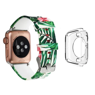 Bracelet en silicone pour Apple Watch Series 1 / 2 / 3 38 mm avec coque transparente en TPU motif imprimé bracelet en cuir de vachette cire - Style E